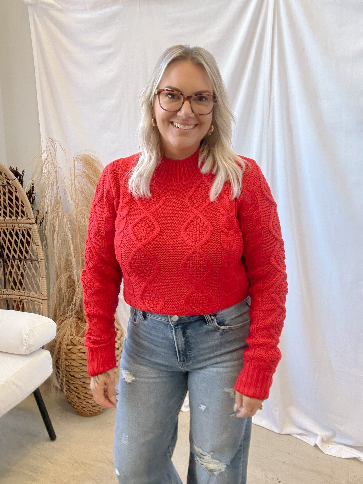 Textured Cable Knit Sweater-Red