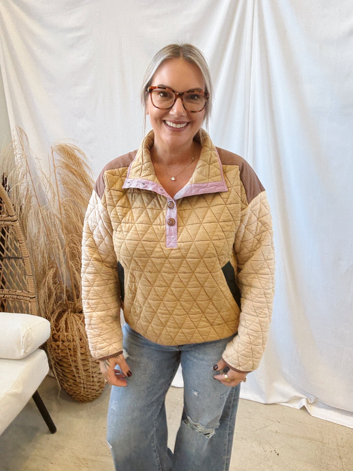 Camel Beige Quilted Sweatshirt