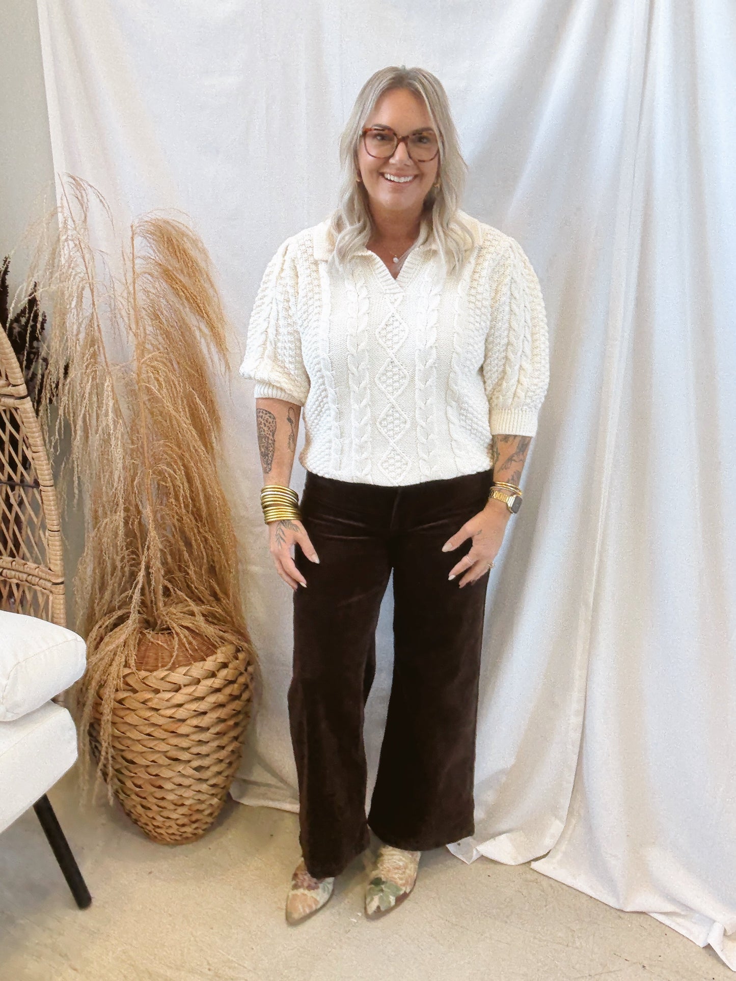 Cable Collared V Neck Sweater-Ivory