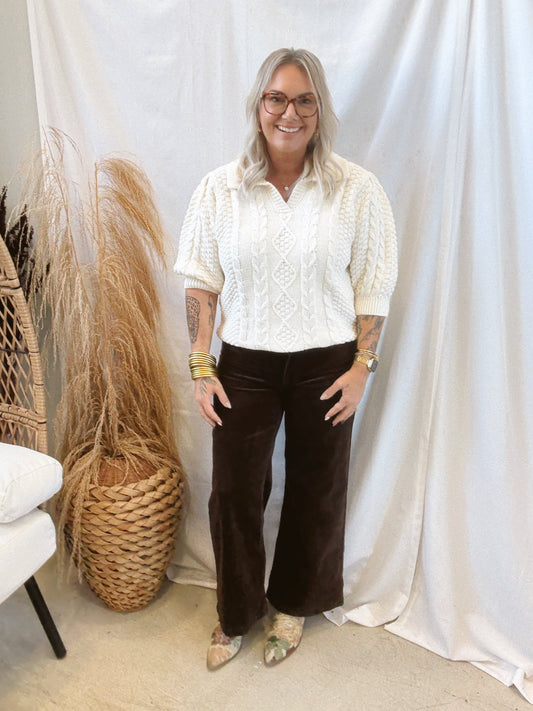 Cable Collared V Neck Sweater-Ivory