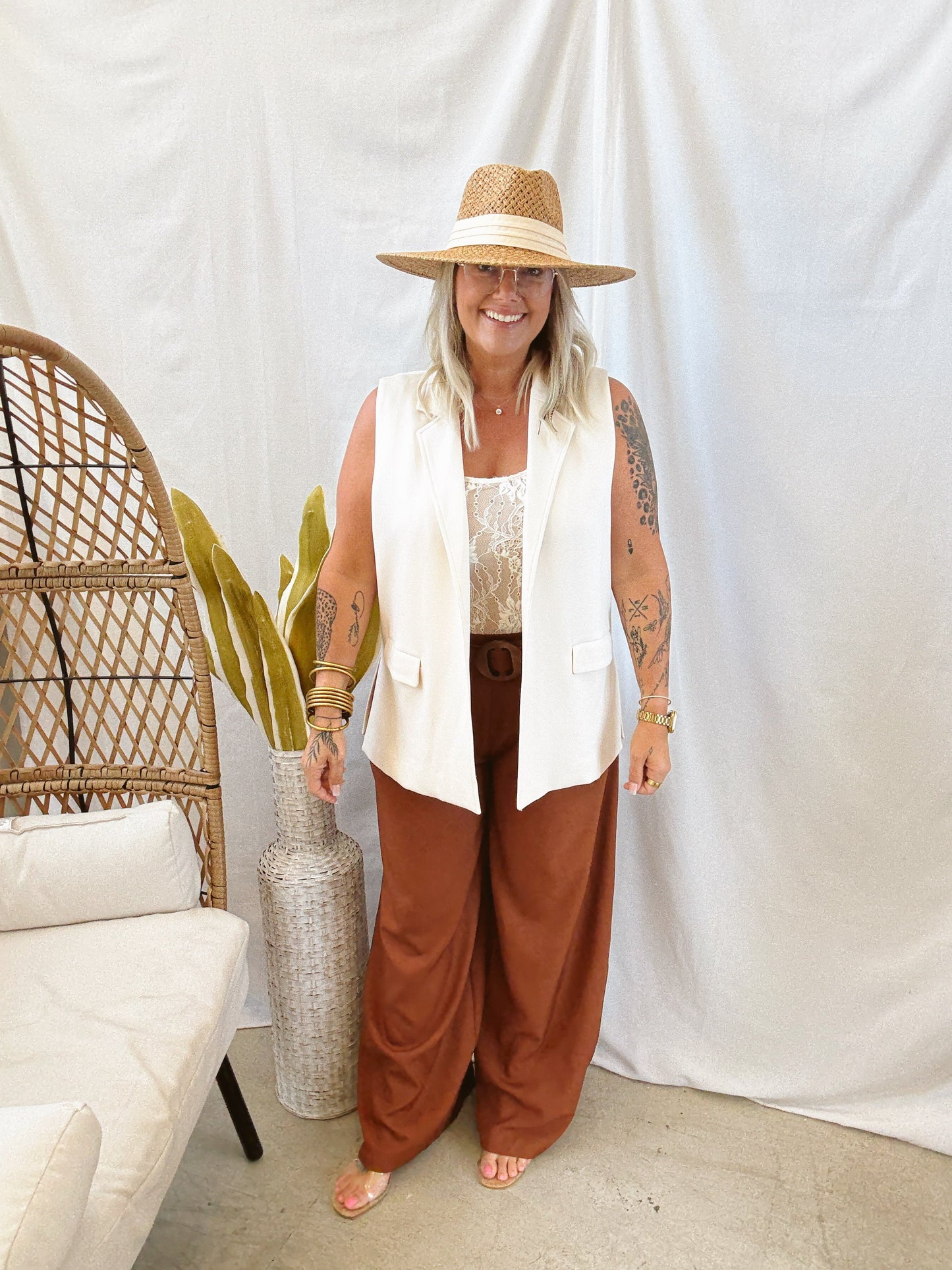 Camel Belted Wide Leg Pants