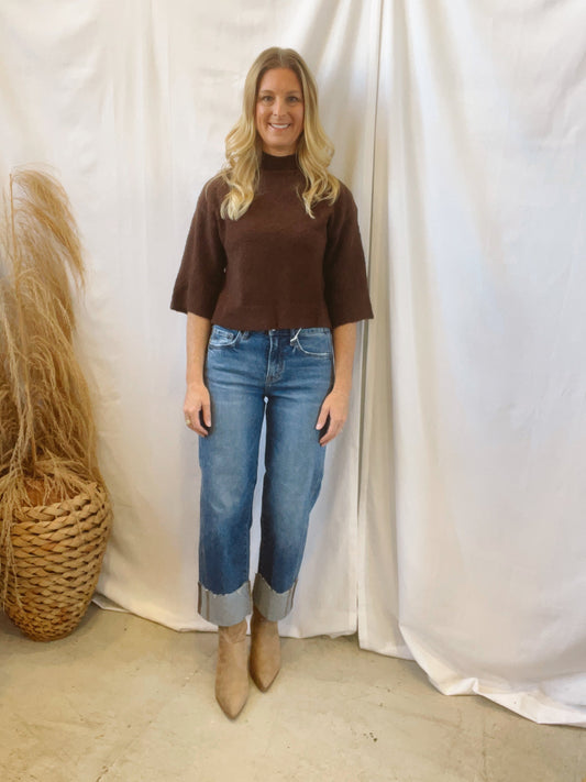 The Soft Quarter Sleeve Sweater-Brown
