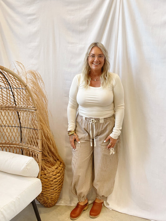 Tan Striped Drawstring Jogger Pants