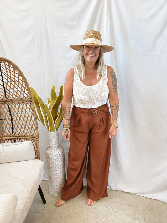 Camel Belted Wide Leg Pants