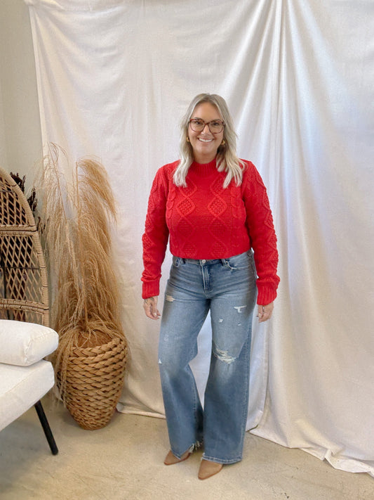 Textured Cable Knit Sweater-Red