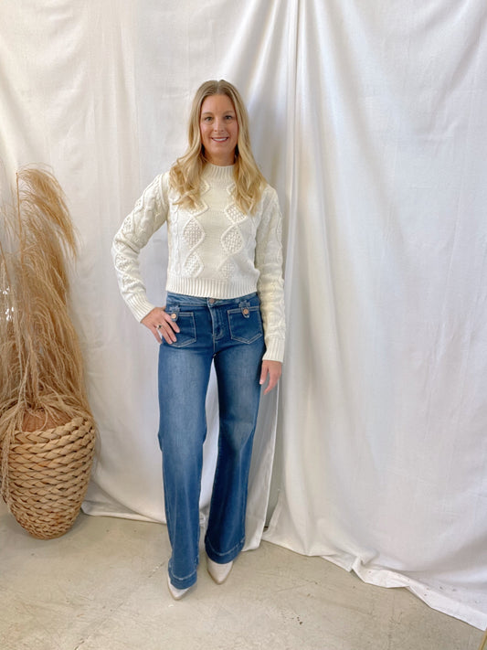 Textured Cable Knit Sweater-Cream