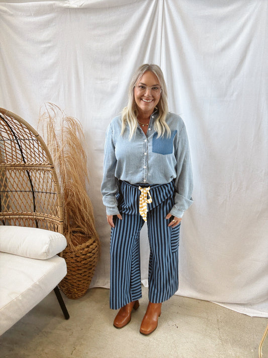 Blue Striped Side Pocket Pants