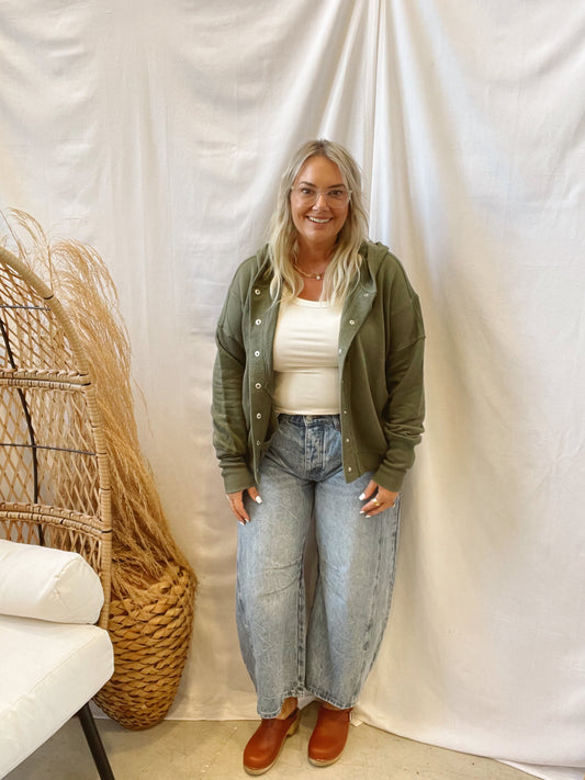 Olive Snap Button Hooded Cardigan