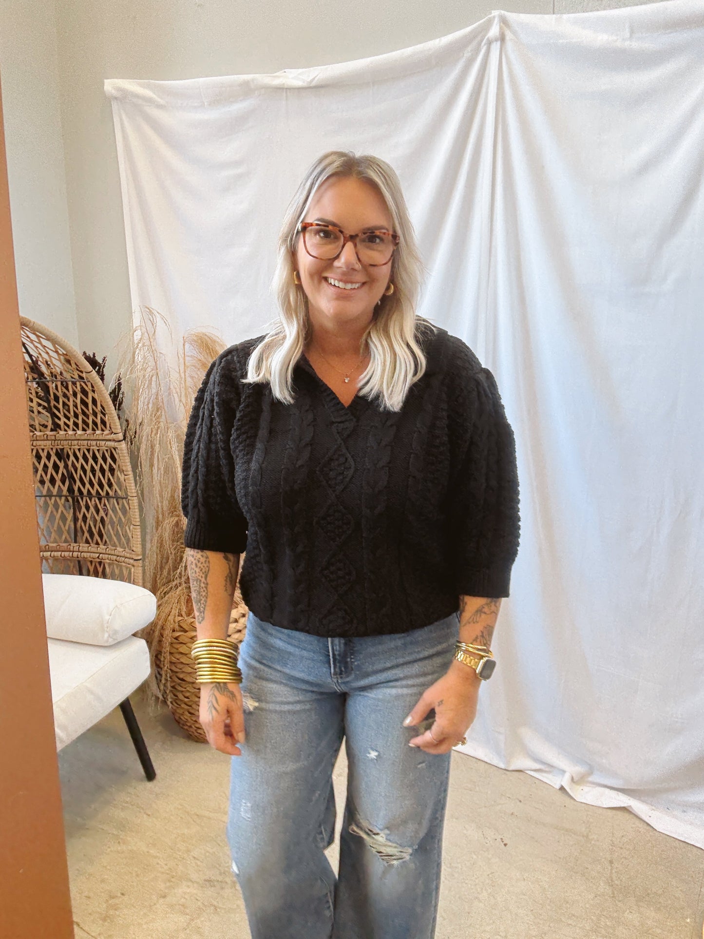 Cable Collared V Neck Sweater-Black