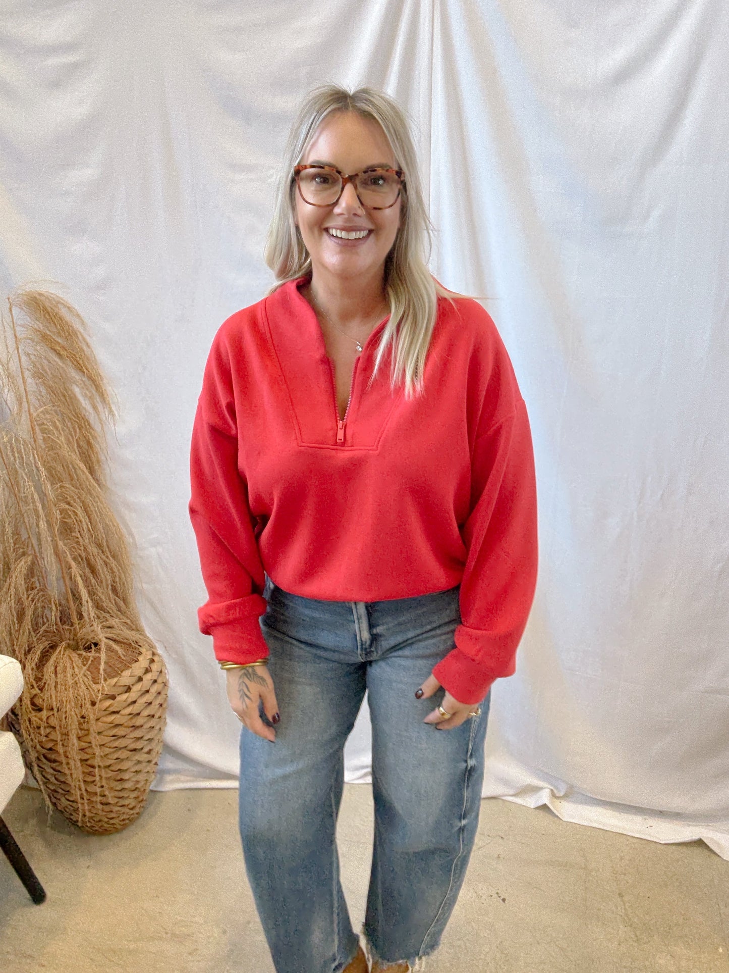 Rae Scuba Luxe V Neck Sweatshirt-Red